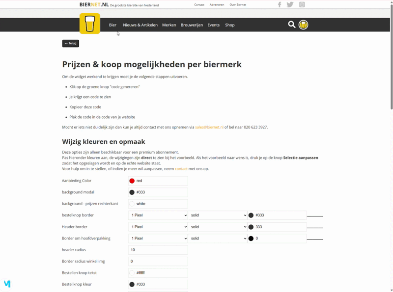 Prijs widgets voorbeeld